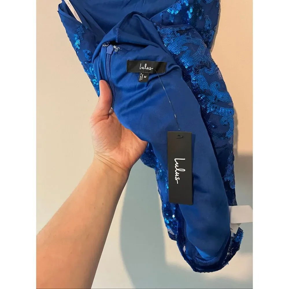 LULUS NWT Royal Blue Sequin Lace Up Back Mini Dress Size M Sparkly Bodycon Homec